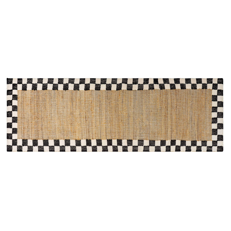 Hand Hooked Black and Beige Wool and Jute Runner Rug