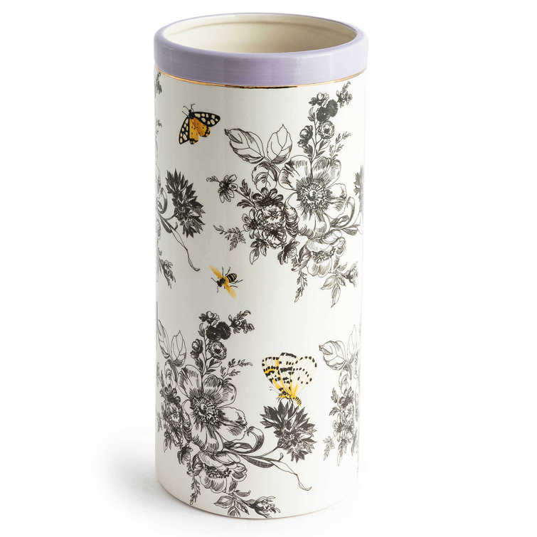 Tall White Ceramic Cylinder Vase with Butterfly Toile Design