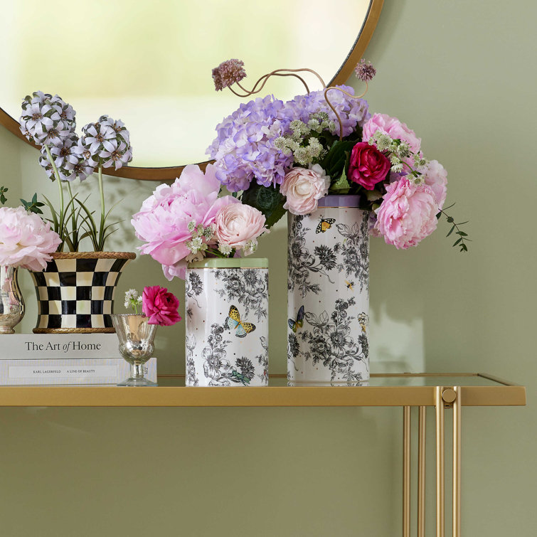 Tall White Ceramic Cylinder Vase with Butterfly Toile Design
