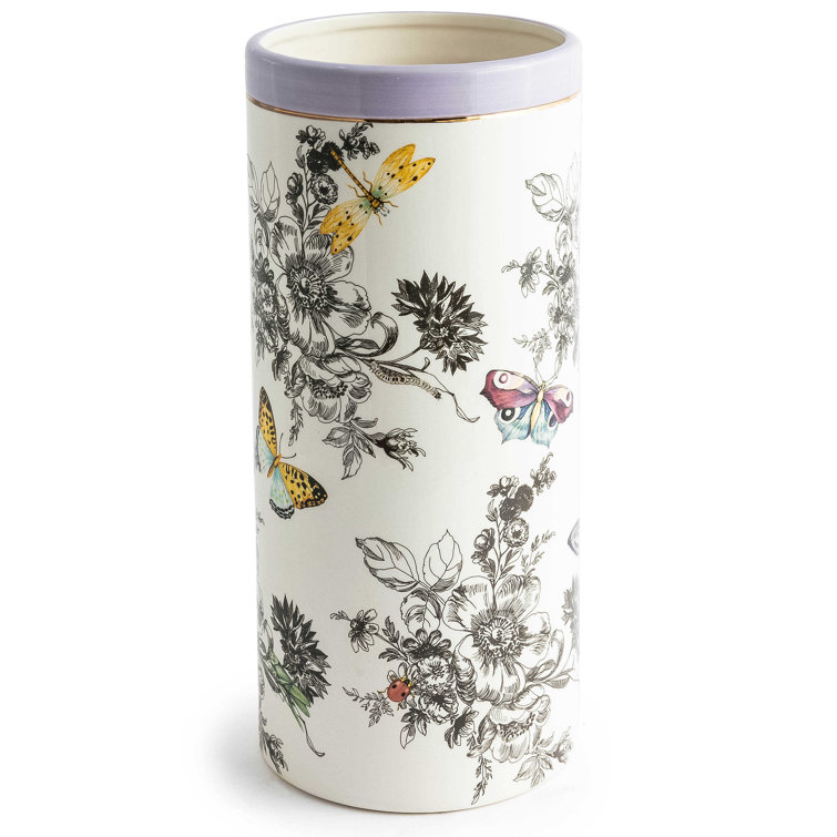 Tall White Ceramic Cylinder Vase with Butterfly Toile Design