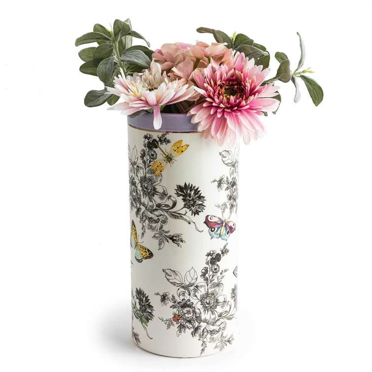 Tall White Ceramic Cylinder Vase with Butterfly Toile Design