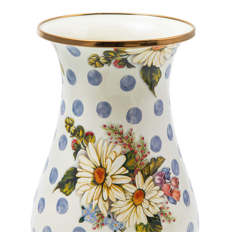 Blue Floral Polka Dot Tulip Vase with Bronze Rim
