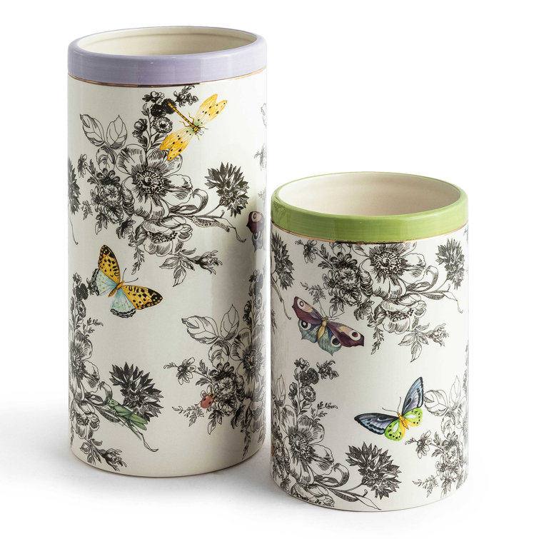 Tall White Ceramic Cylinder Vase with Butterfly Toile Design