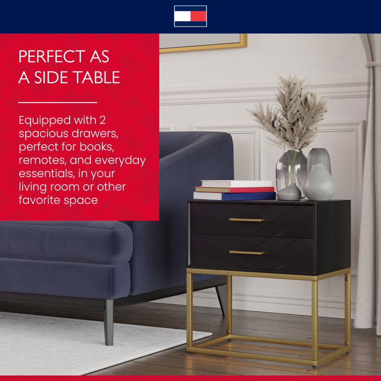 Ellias Compact Modern Side Table with Grooved Drawers, Black & Gold