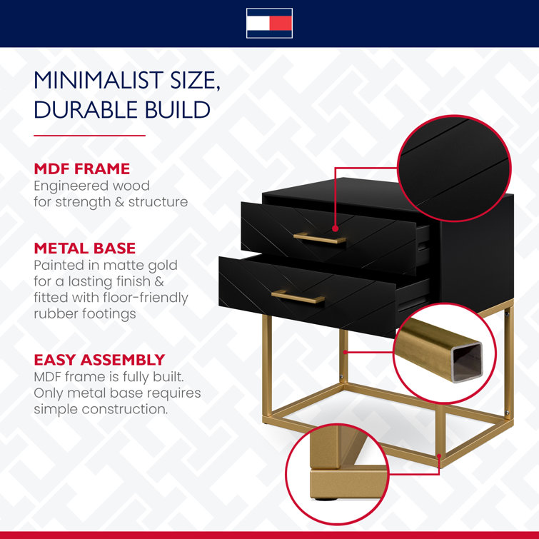 Ellias Compact Modern Side Table with Grooved Drawers, Black & Gold