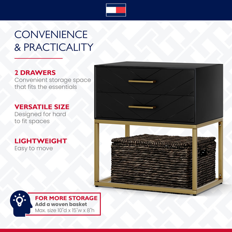 Ellias Compact Modern Side Table with Grooved Drawers, Black & Gold