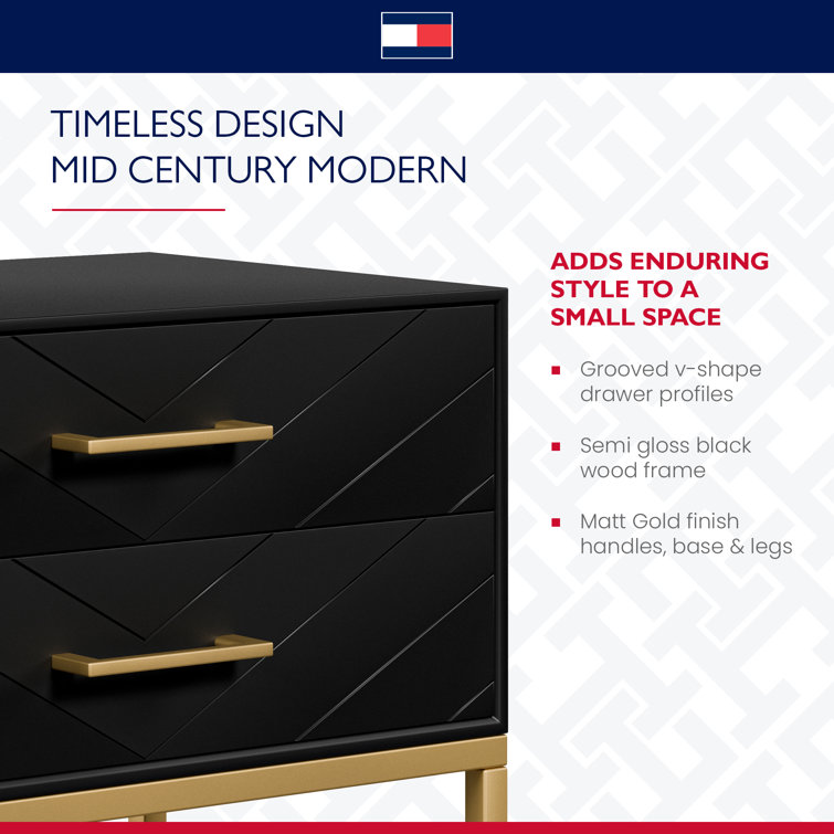 Ellias Compact Modern Side Table with Grooved Drawers, Black & Gold