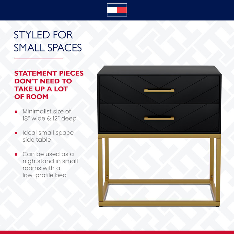 Ellias Compact Modern Side Table with Grooved Drawers, Black & Gold