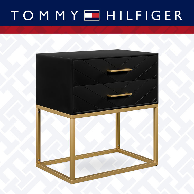 Ellias Compact Modern Side Table with Grooved Drawers, Black & Gold
