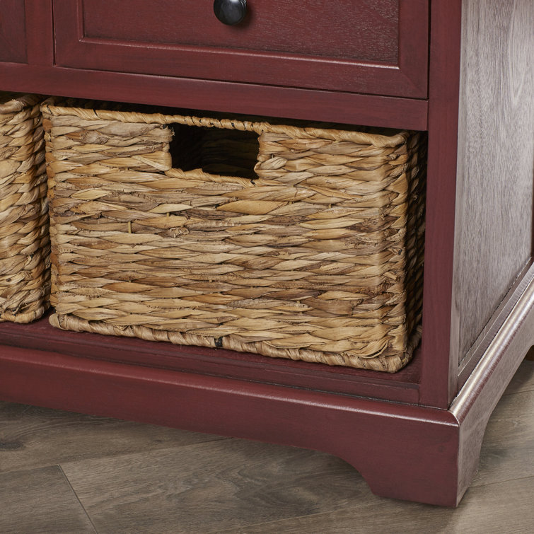 Transitional Red Pine Storage Bench with Wicker Baskets