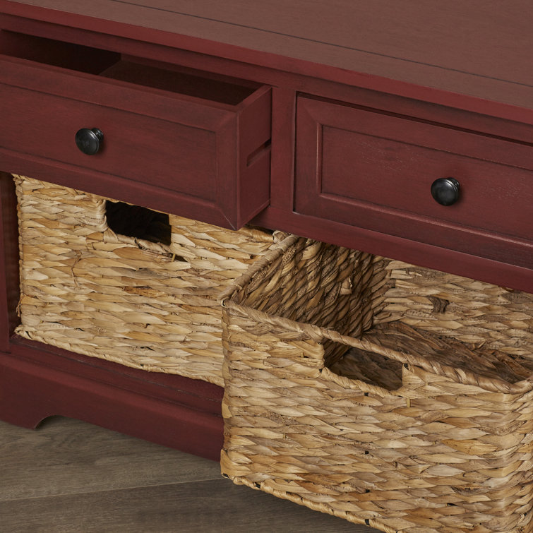 Transitional Red Pine Storage Bench with Wicker Baskets