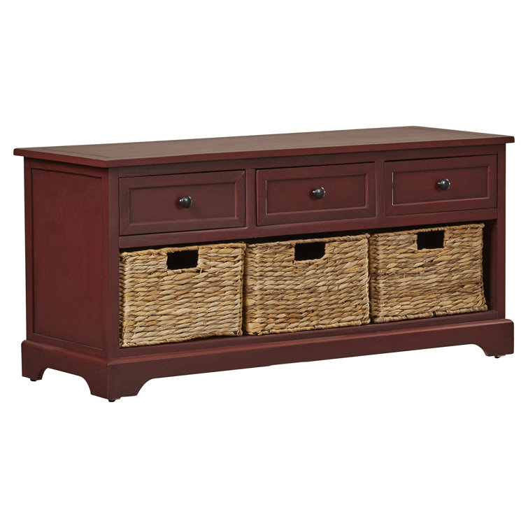 Transitional Red Pine Storage Bench with Wicker Baskets