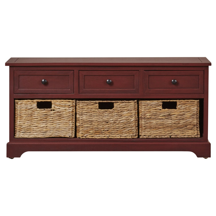 Transitional Red Pine Storage Bench with Wicker Baskets