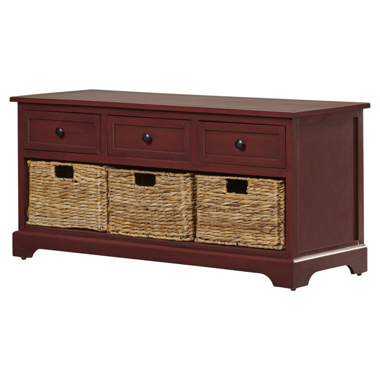 Transitional Red Pine Storage Bench with Wicker Baskets