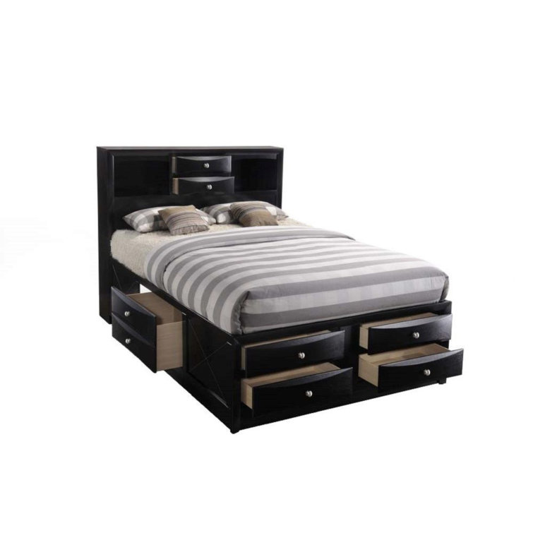 Black King Wood Frame Storage Bed with Bookcase Headboard