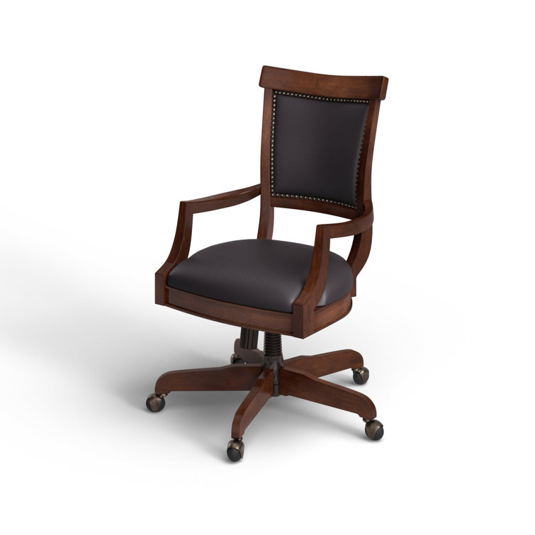 Traditional Cognac Brown Leather & Wood Swivel Desk Chair