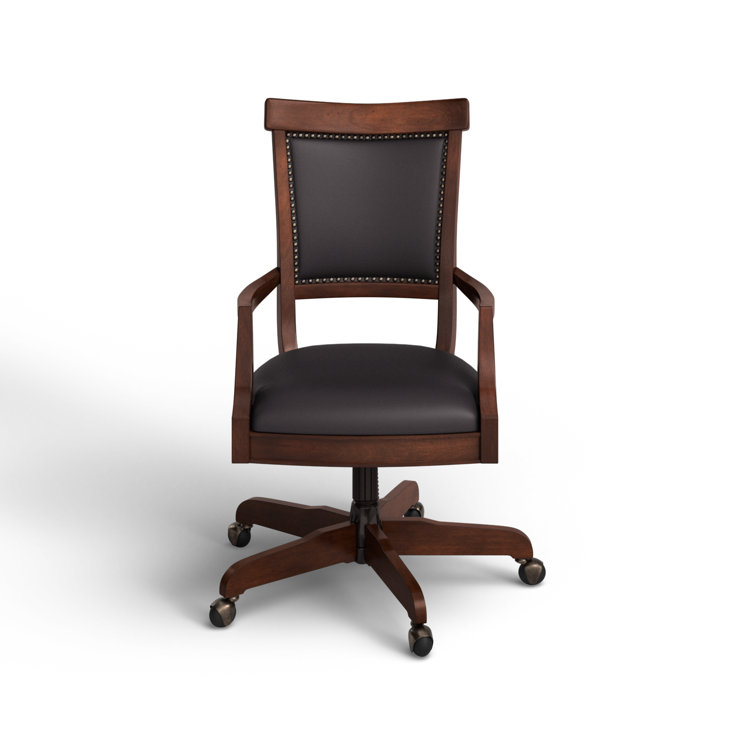 Traditional Cognac Brown Leather & Wood Swivel Desk Chair
