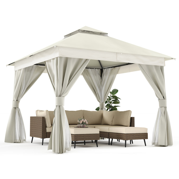 Creamy White Steel Patio Gazebo with Mosquito Netting and Curtains