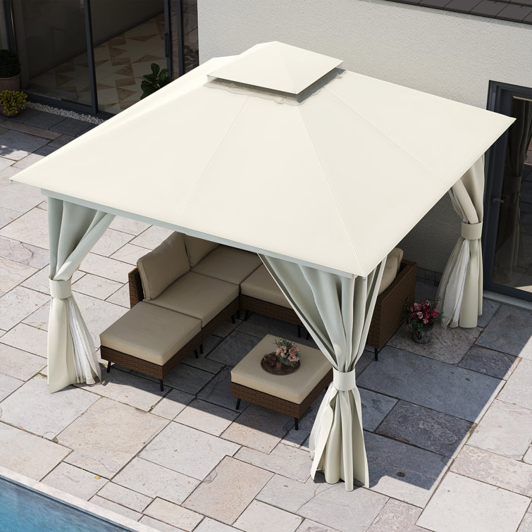Creamy White Steel Patio Gazebo with Mosquito Netting and Curtains