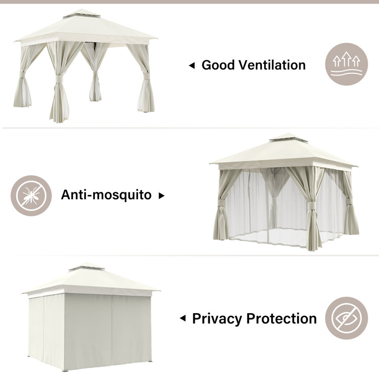 Creamy White Steel Patio Gazebo with Mosquito Netting and Curtains