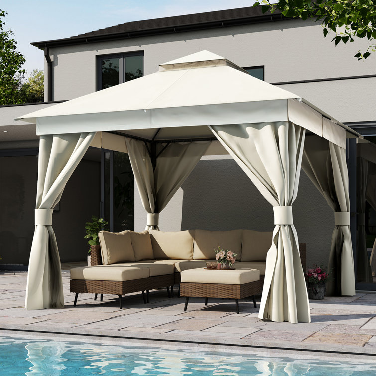 Creamy White Steel Patio Gazebo with Mosquito Netting and Curtains