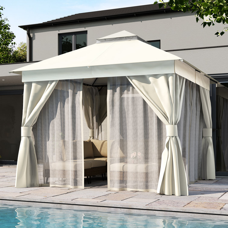 Creamy White Steel Patio Gazebo with Mosquito Netting and Curtains