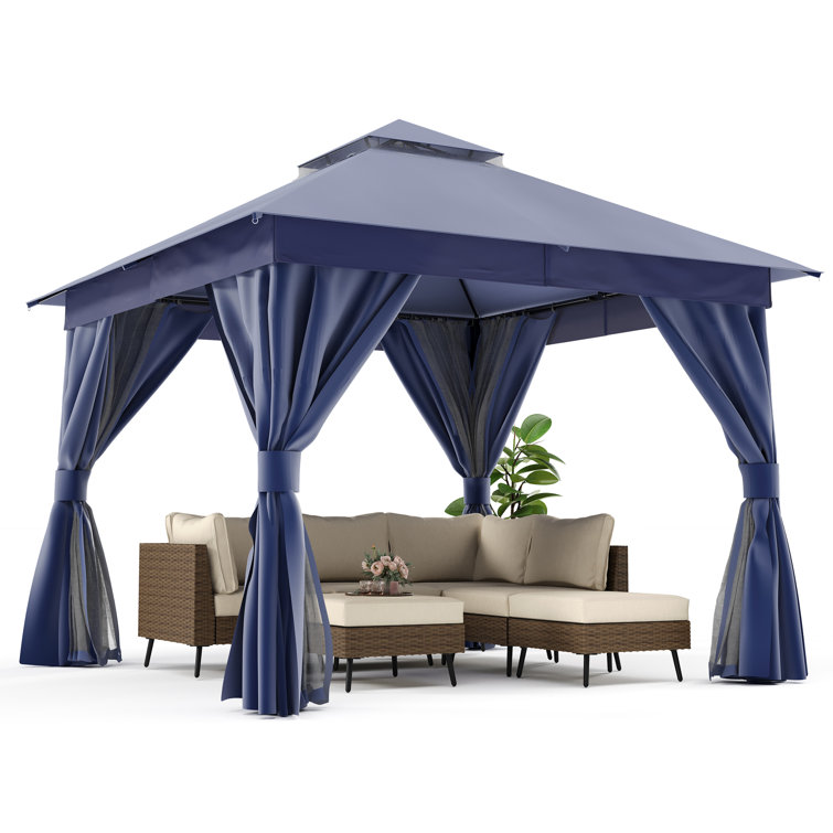 Gray Steel 8x8 Patio Gazebo with Curtains