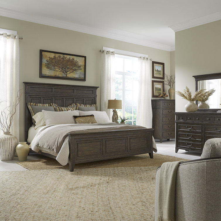 King Panel Bed with Dresser, Mirror, and Chest in Dark Wood