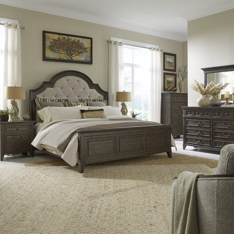 King Dark Brown Upholstered Bed Set with Dresser, Mirror, Chest, Nightstand