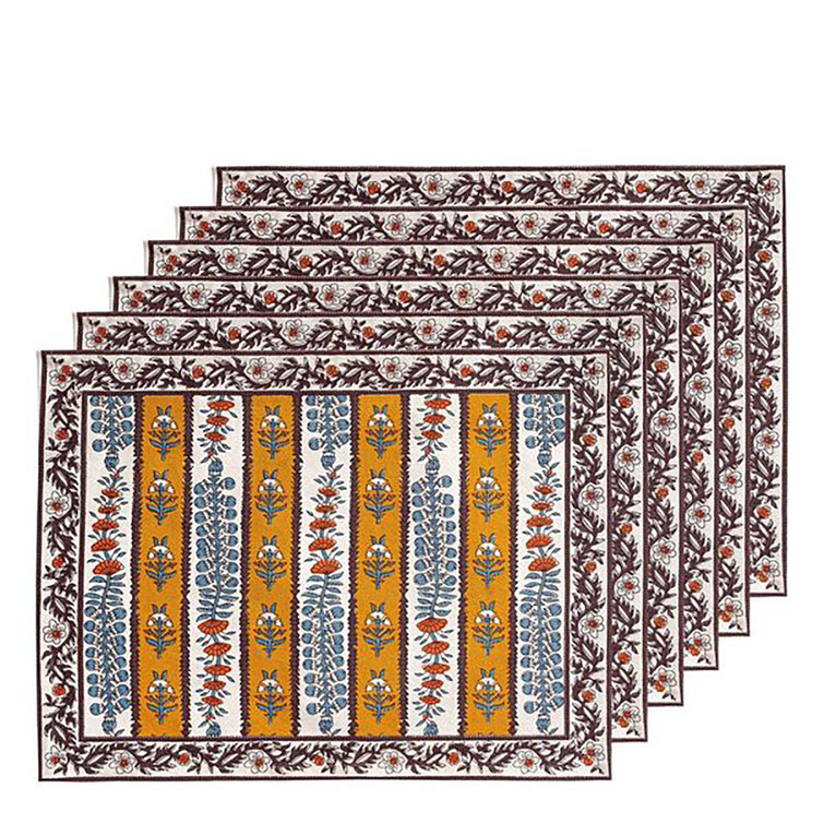 Dijon and Blue Botanical Linen Placemats Set of 6