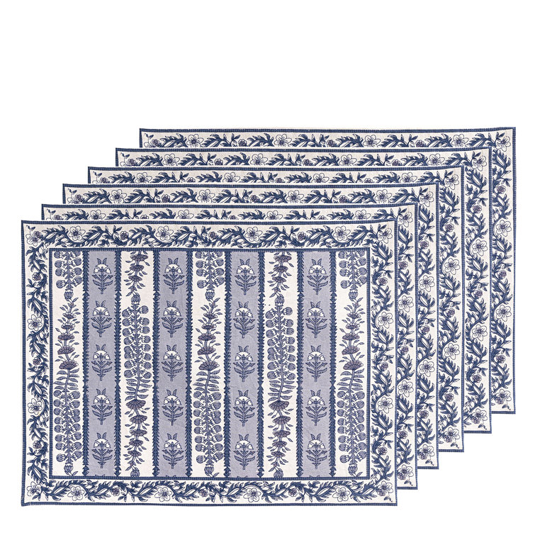 Avignon Blue Marine Botanical Linen Placemats 15" x 18" Set of 6