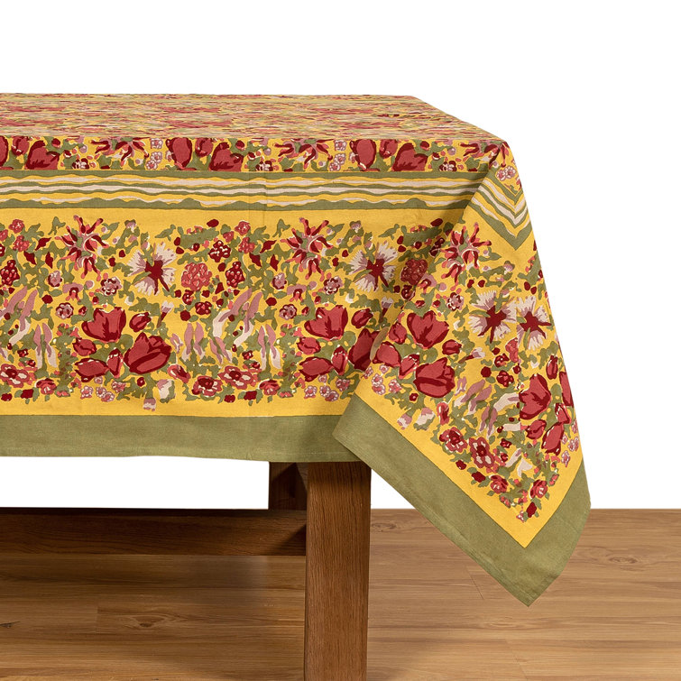 Jardin Red and Green French Linen Tablecloth 71" x 142"