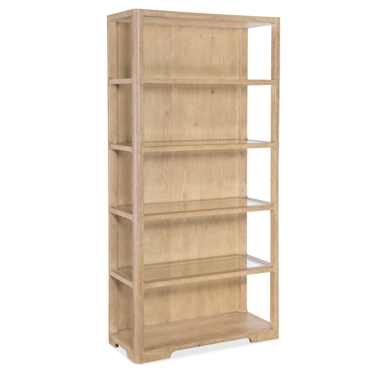 Beige Oak Veneer Transitional Bookcase with Glass Shelves