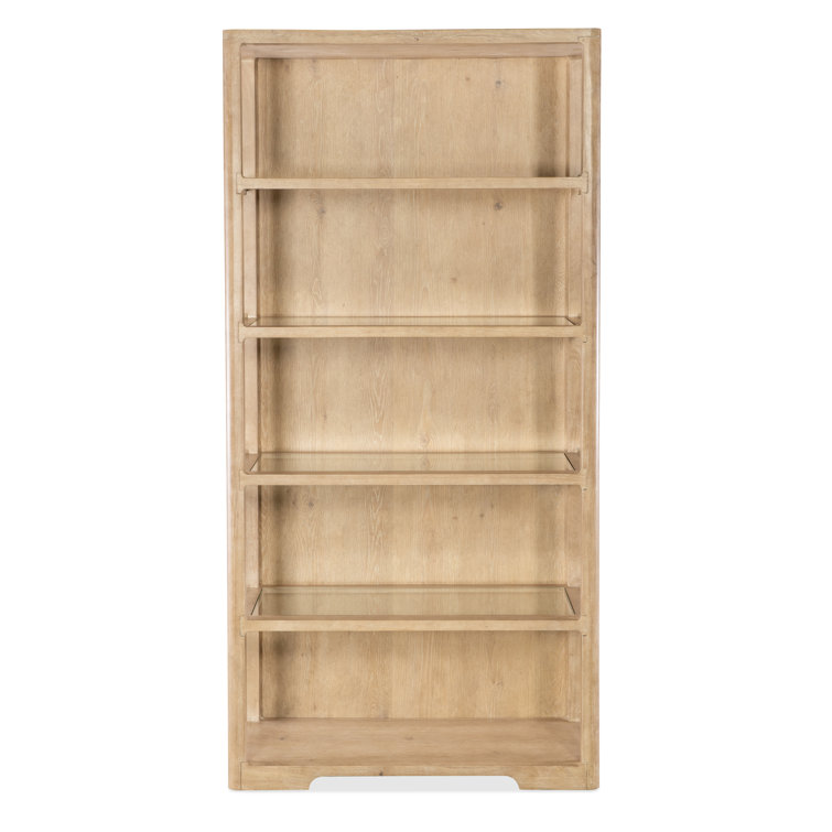 Beige Oak Veneer Transitional Bookcase with Glass Shelves