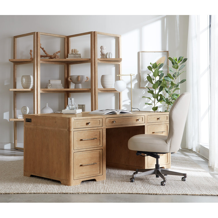 Beige Oak and Maple Executive Desk with Filing Cabinet