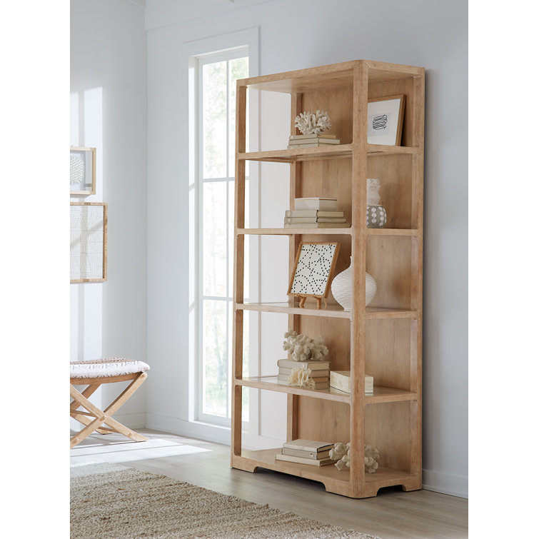 Beige Oak Veneer Transitional Bookcase with Glass Shelves