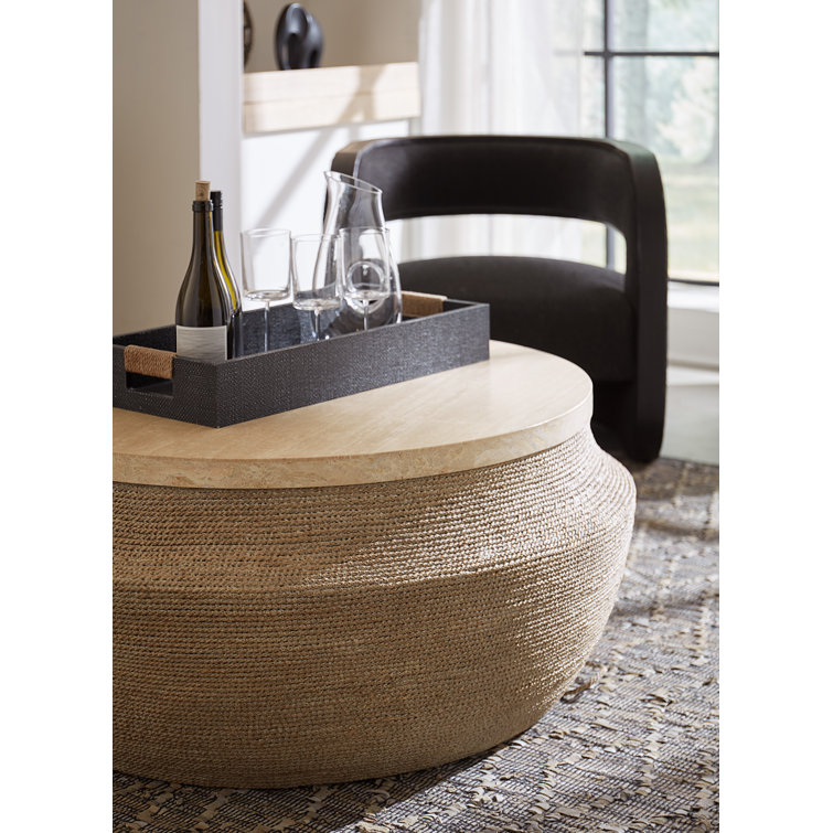 Beige and Brown Round Wood Cocktail Table with Storage