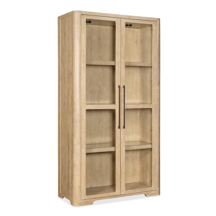 Beige Oak Veneer Lighted Display Cabinet with Glass Doors