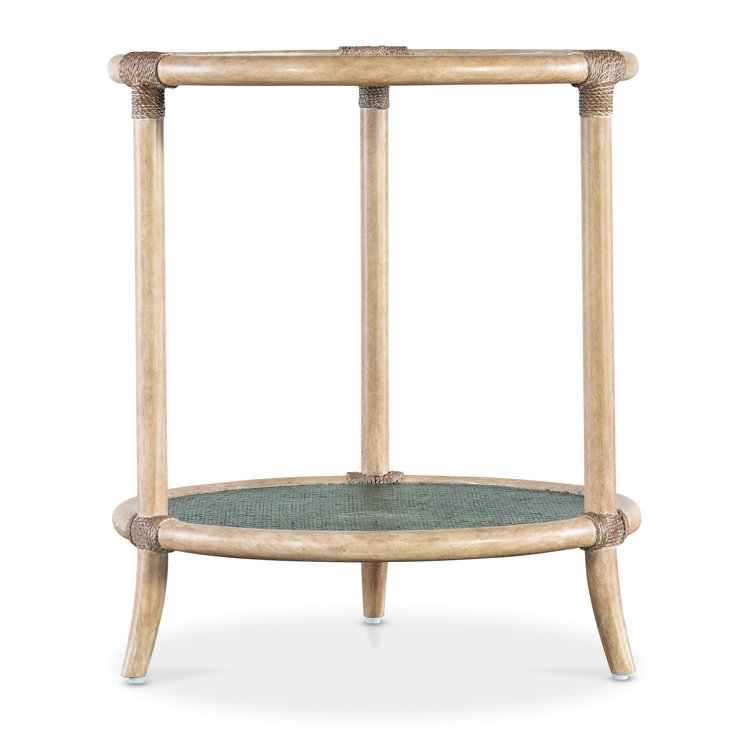 Round Beige and Green Wood and Glass End Table