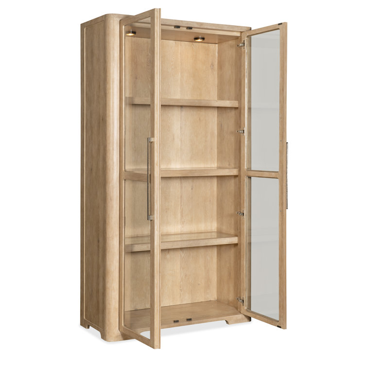Beige Oak Veneer Lighted Display Cabinet with Glass Doors