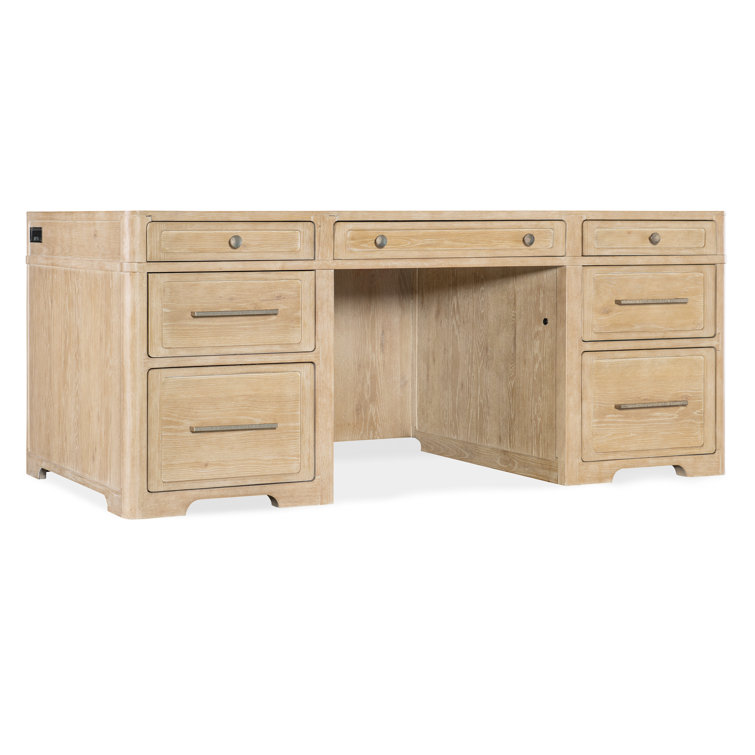 Beige Oak and Maple Executive Desk with Filing Cabinet