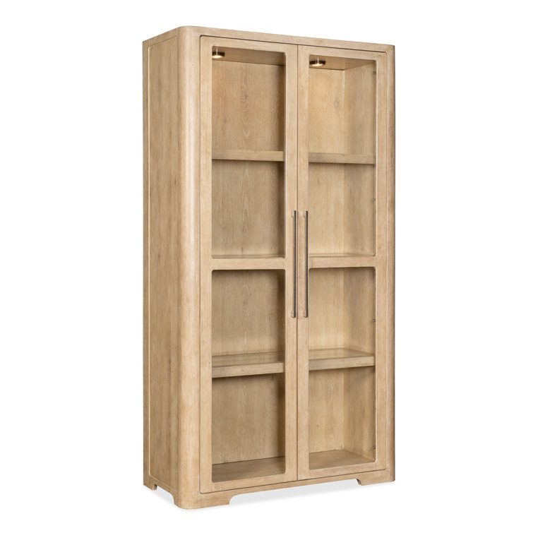 Beige Oak Veneer Lighted Display Cabinet with Glass Doors