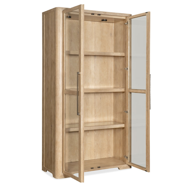 Beige Oak Veneer Lighted Display Cabinet with Glass Doors