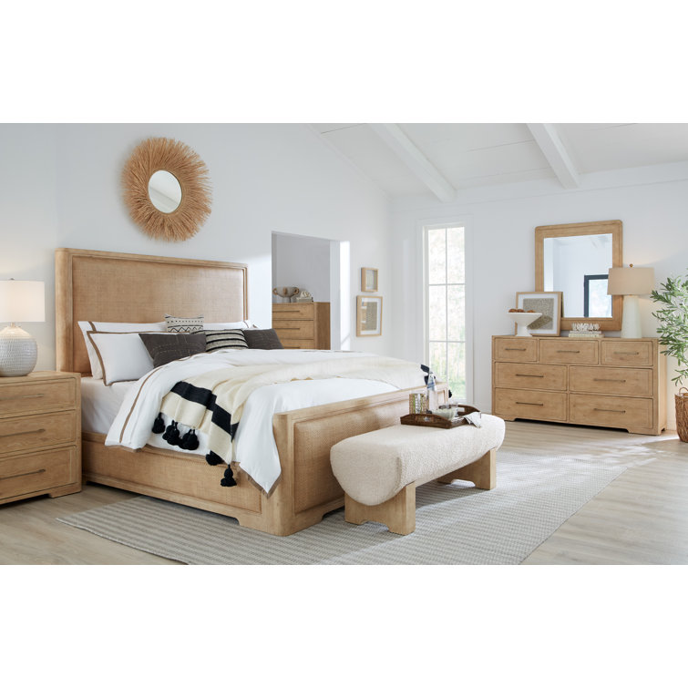 Beige King Wood Frame Panel Bed with Upholstered Headboard