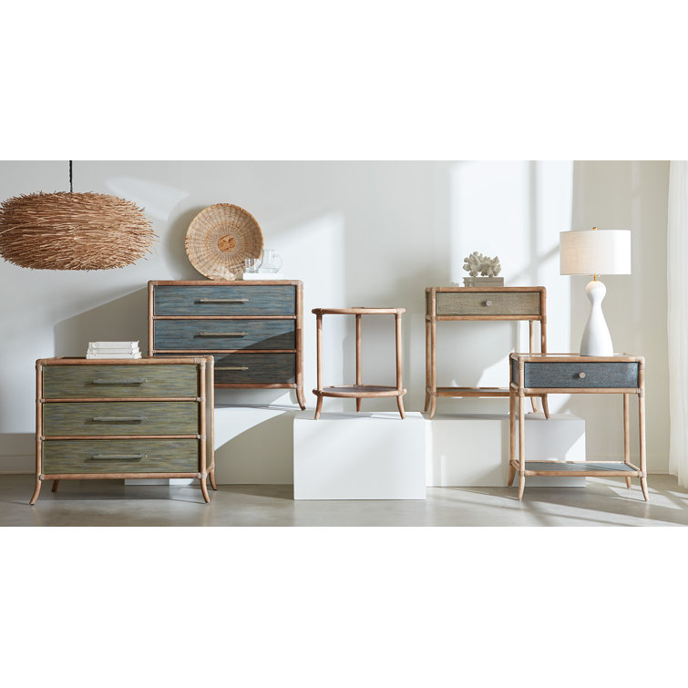 Round Beige and Green Wood and Glass End Table