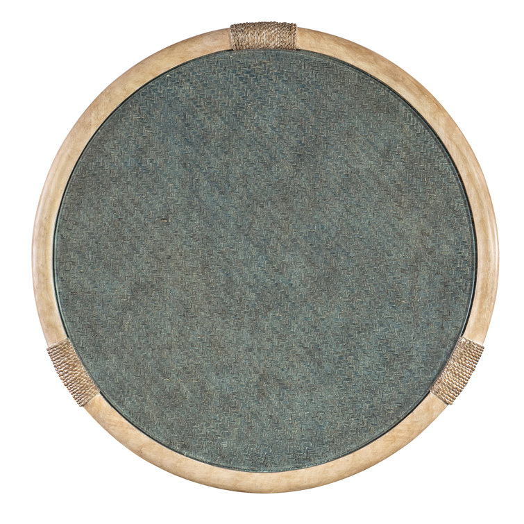 Round Beige and Green Wood and Glass End Table