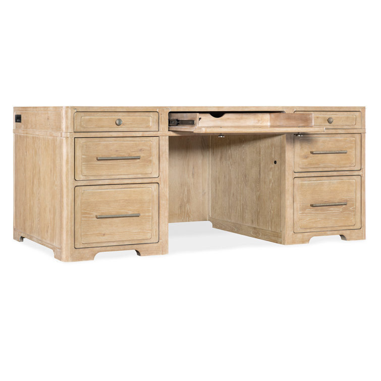 Beige Oak and Maple Executive Desk with Filing Cabinet
