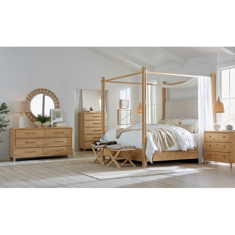 Beige Upholstered California King Canopy Bed with Wood Frame