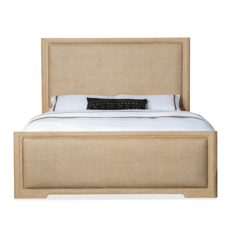 Beige King Wood Frame Panel Bed with Upholstered Headboard