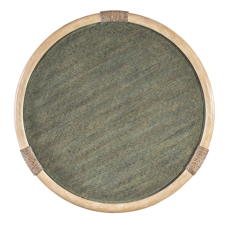 Round Beige and Green Wood and Glass Coastal End Table